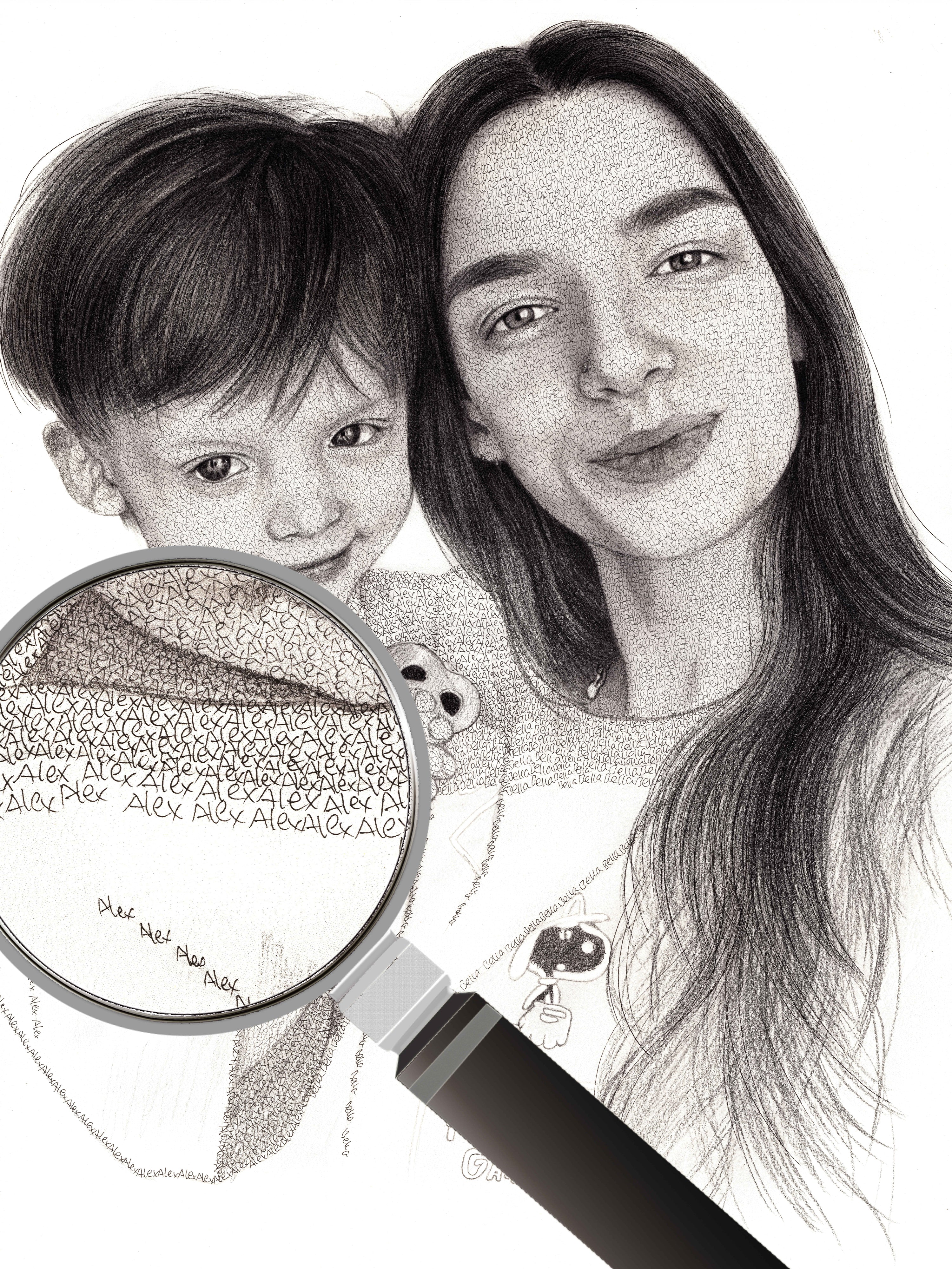 Custom Text Art Portrait from Photo with Name. Personalized Word Portrait, Text Portrait, Black and White Pencil Sketch Drawing