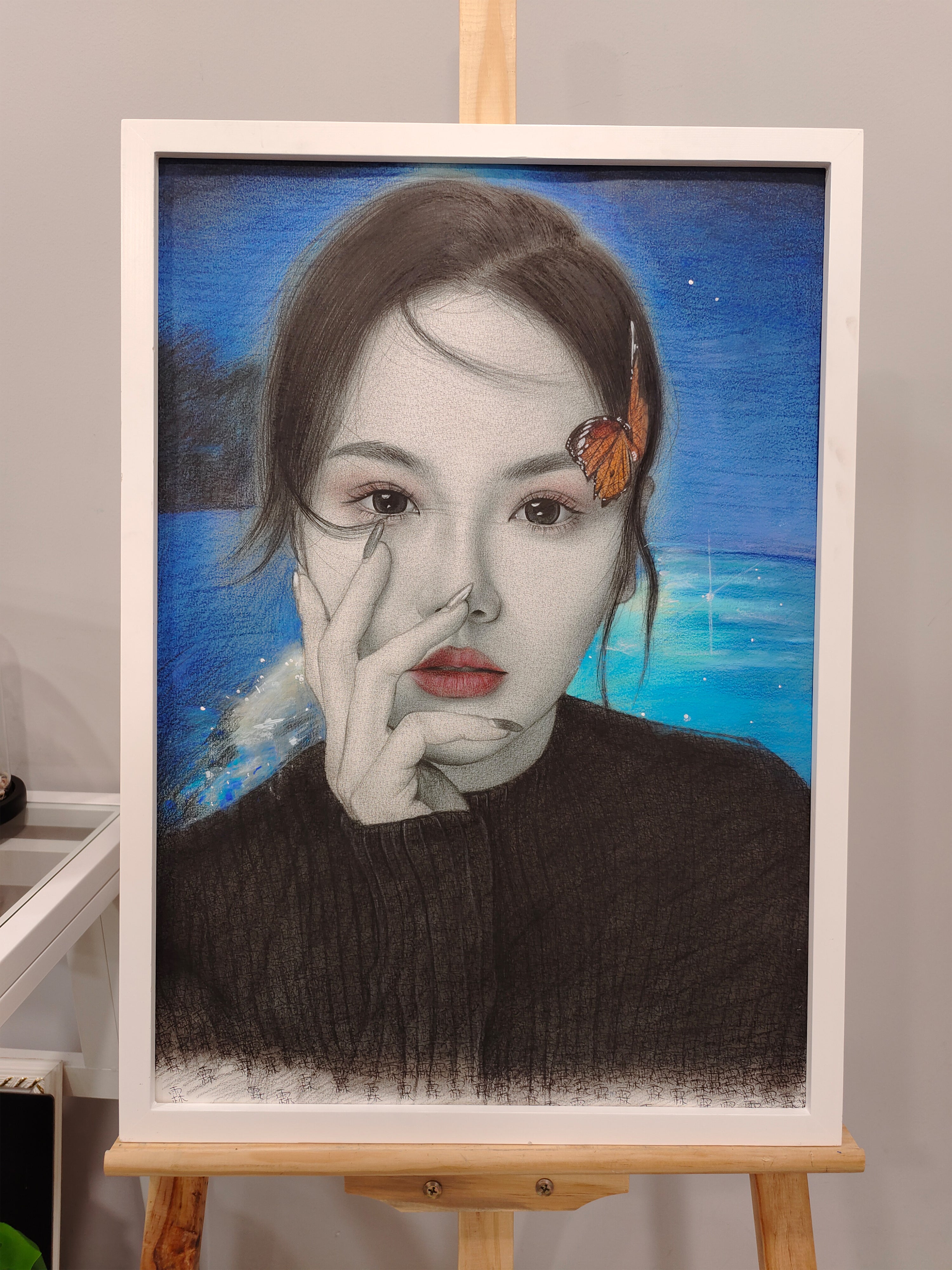 Custom Text Art Portrait with Name. Hand Drawn Word Portrait from Photo. Pencil Sketch Drawing, Color Background